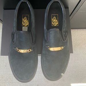 Vans classic slip on black leather with gold chain